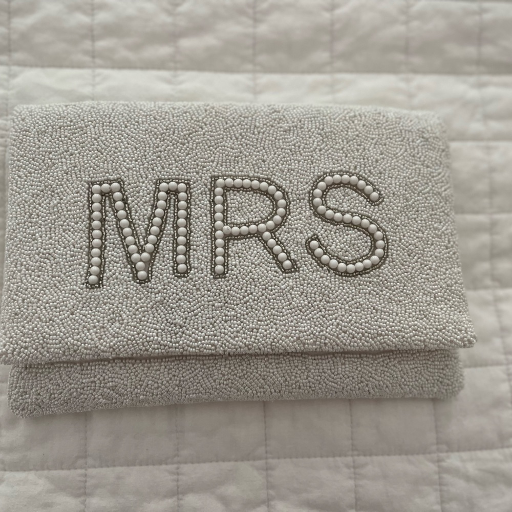 MRS. White Beaded Bridal Clutch Purse, Handmade, Excellent Condition